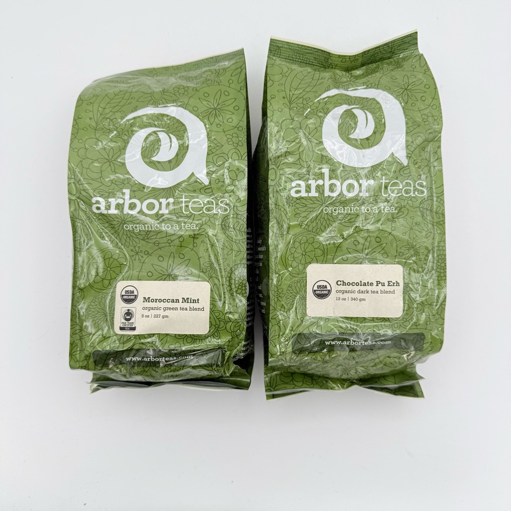 Arbor teas Organic 2 pack‎ Chocolate dark tea 12oz & Moroccan mint green Tea 8oz